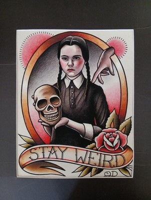Wednesday Addams Family Stay Weird Traditional Tattoo Print from Quyen Dinh