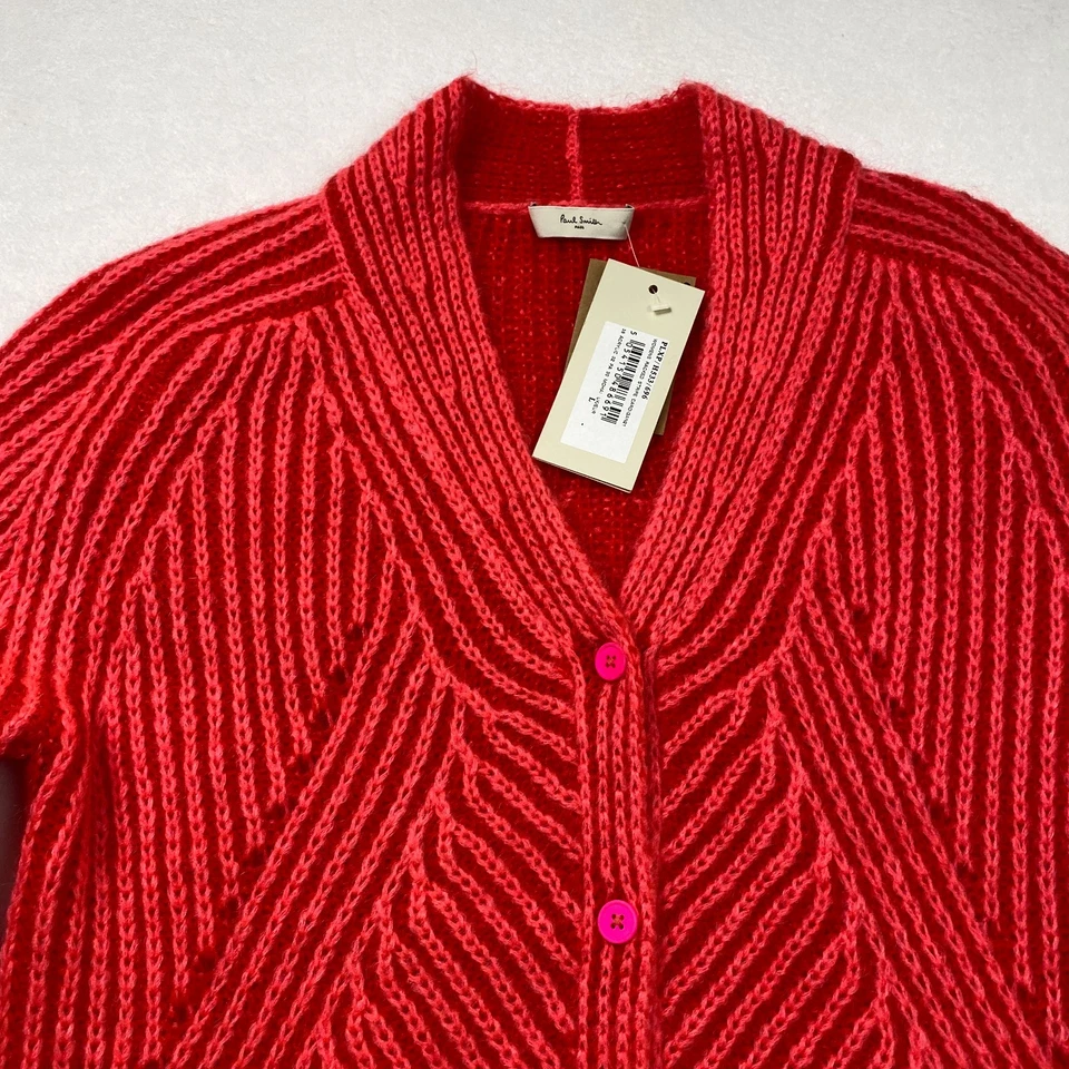 Cardigã feminino Paul Smith listrado em rack tamanho G mistura de mohair vermelho manga longa novo com etiquetas - Imagem 2 de 4