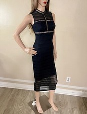 Vintage ASOS T0mF0rdGirlie Black Midi Dress Textured Sheer VeganLeather Trim XXS