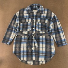 Stradivarius Women's Size Small Blue Plaid Flannel Snap Front Belted Jacket Nwot