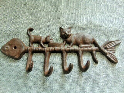 Cast Iron Hook Cat Kitten Fish bone bowl rustic antique style brown shabby 