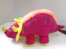 Vintage STUFFINS Dinos 18” Dinosaur Plush 1990s TRICERATOPS Neon Nylon SQUEAKS