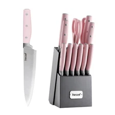 14 Pcs Pink Kitchen Knife Set with Wood Block Pro High Carbon Steel Steak Knife