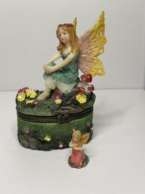 Vintage Garden Fairy Angel Resin Hinged Trinket Box Pixie w/ Flowers & Trinket