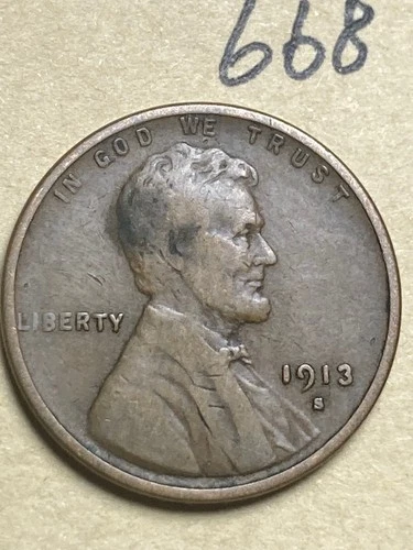 1913-S LINCOLN WHEAT CENT, low mintage date, "FINE" condition #668