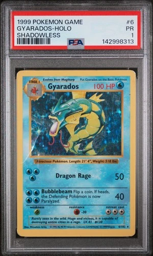 1999 POKEMON GAME SHADOWLESS #6 GYARADOS-HOLO PSA 1
