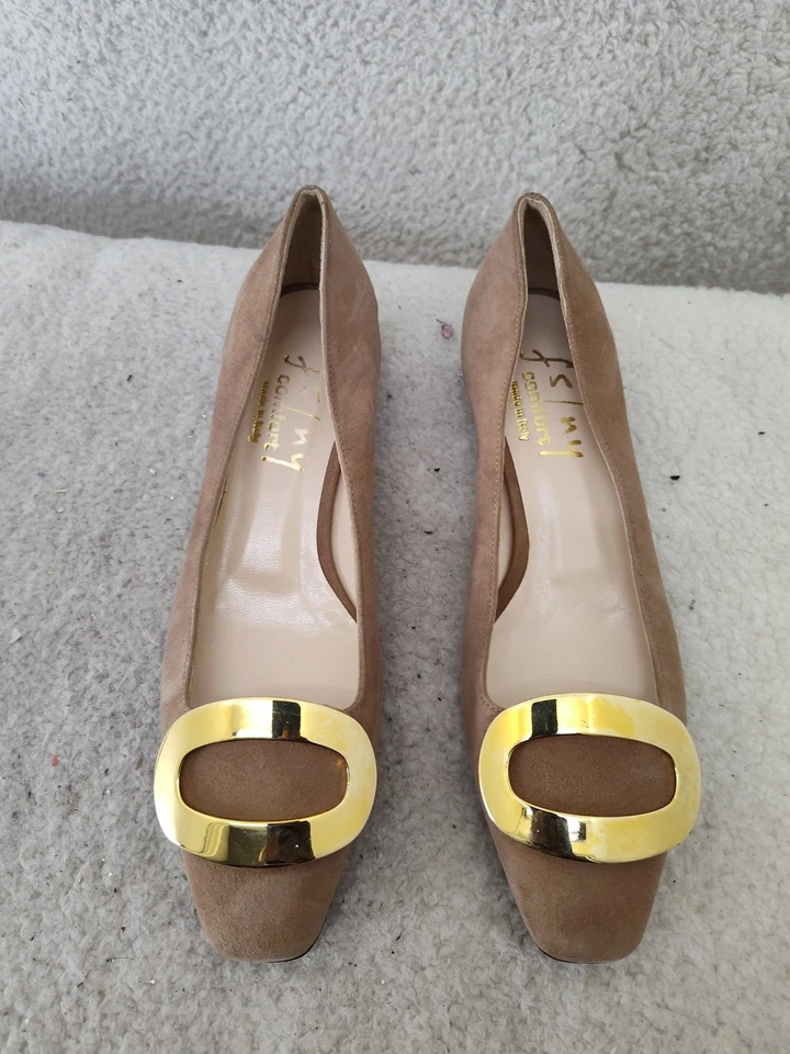 Zapatos de salón FS/NY cómodos para mujer 38 gamuza tostada sin cordones hebilla tacón bajo US7 Foto 3 de 4