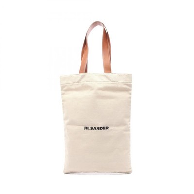 Jil Sander FLAT SHOPPER Tote Bag Beige/Brown Canvas Leather Women's Used Italy