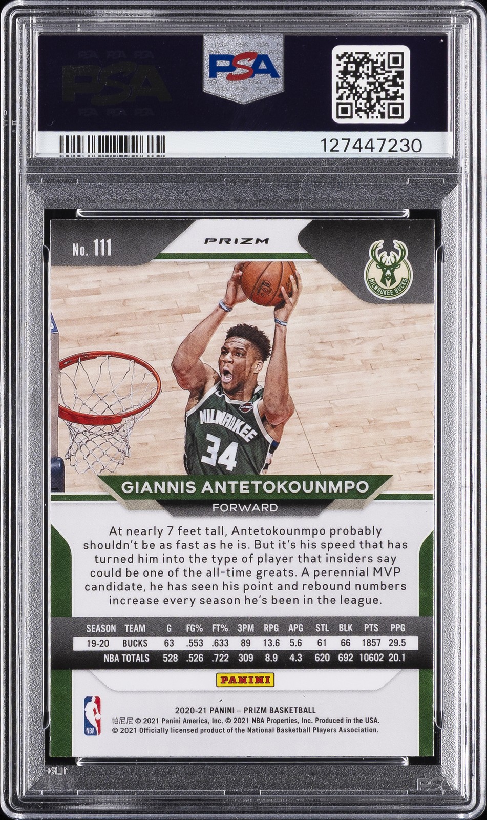 2020 PANINI PRIZM WHITE SPARKLE #111 GIANNIS ANTETOKOUNMPO PSA 10 view 2