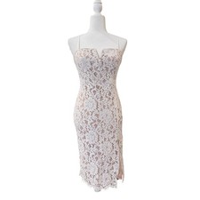 Lulus Lace Midi Dress Womens S White Excellent Notched Neckline Cocktail Slit