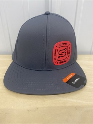 Simms NWT Fishing Hat Hooked Trucker High Crown Gray Red Logo Perforated Panel