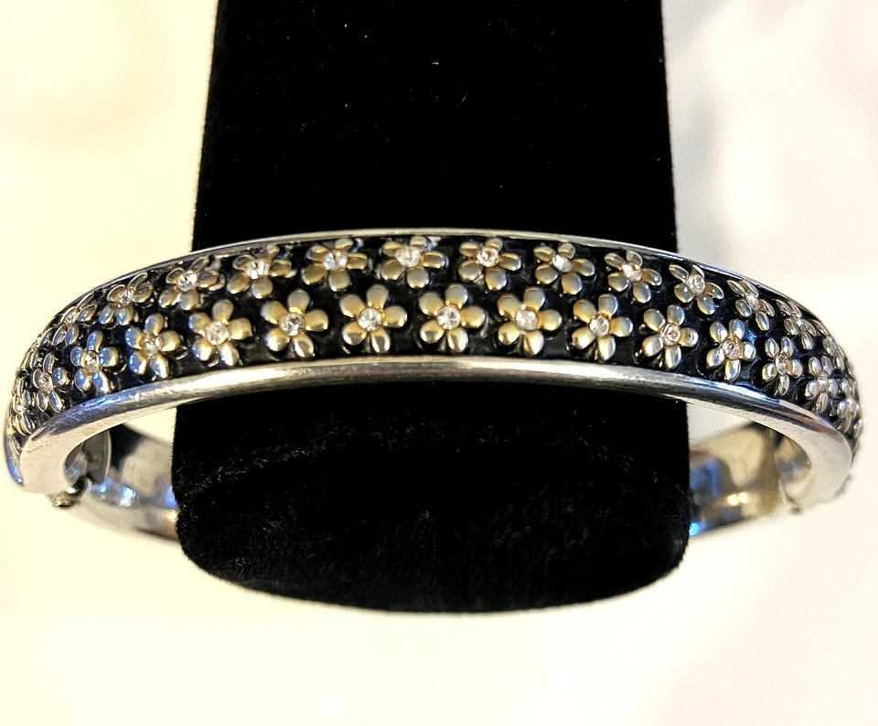 Brighton Loves Me Black Enamel Flower Crystal Hinged Silver Oval Bracelet Bangle - Image 2 of 4