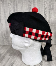Vintage Scottish Wool Black Glengarry Pipe Hat Diced Bagpipe Tartan NEW