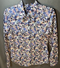 Womens Chaps No Iron Button Up Blouse Small Floral Flowers Blue Pink White Work