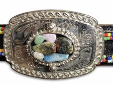 Vintage Beaded Fringe Leather Belt Silver Tone Stone Inlay Buckle 35  