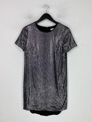 Whistles Black Sequin Mini Shift Dress Short Sleeve Zip Back UK 8