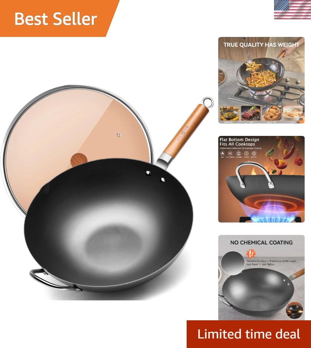 14.2" Large Nitriding Iron Wok – Perfect for Induction, Gas, & Electric Cooking