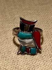 Native American Inlaid Owl Sterling Silver Ring Size 6