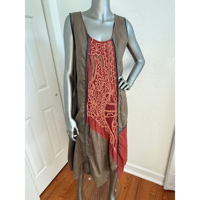 Peacock Ways Art to Wear Linen Boho Lagenlook Embroidered Patchwork Maxi Dress