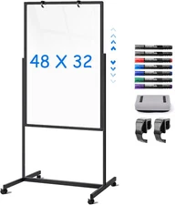 Mobile Clear Glass Whiteboard 48x32 Inches Large Dry Erase Board on Wheels G090