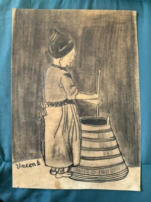 VINCENT VAN GOGH drawing and painting on old paper signed stamped vintage