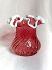 Fenton Art Glass ruby Snow Crest small ruffled vase