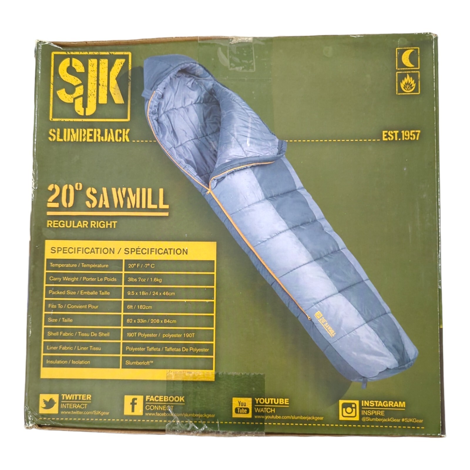 SJK SLUMBERJACK 20 DEGREE SAWMILL RIGHT ZIP SLEEPING BAG, GRAY NEW IN