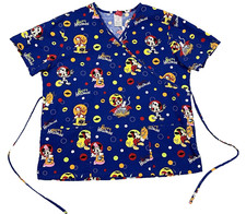 Disney Scrub Top Womens Large Blue Halloween AOP Pockets V-Neck Mickey Mouse