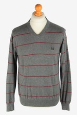 Chaps V Neck Jumper Pullover Vintage Striped Warm Mens Grey M-IL2503