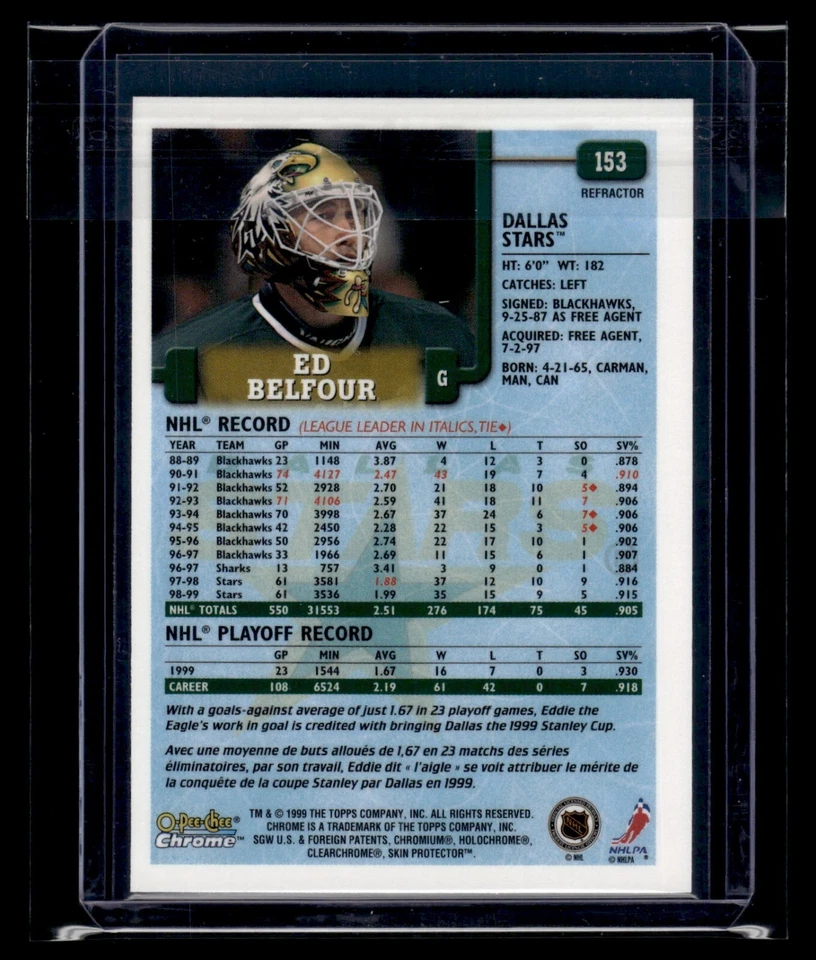 1999 O-Pee-Chee Chrome Refractor #153 Ed Belfour Stars HOF EXMT - Image 2 of 2