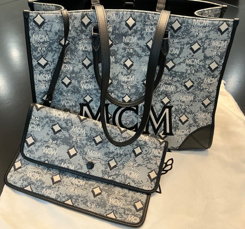 Authentic MCM Jacquard Monogram Canvas & Leather Tote Bag Designer Handbag
