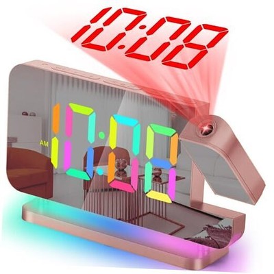  Projection Alarm Clock,7.4 in LED Mirror Digital Clocks Projection Rose Gold