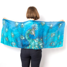 Peacock Print Hand Painted Blue Silk Scarf Bird Print Large Silk Shawl 68X21