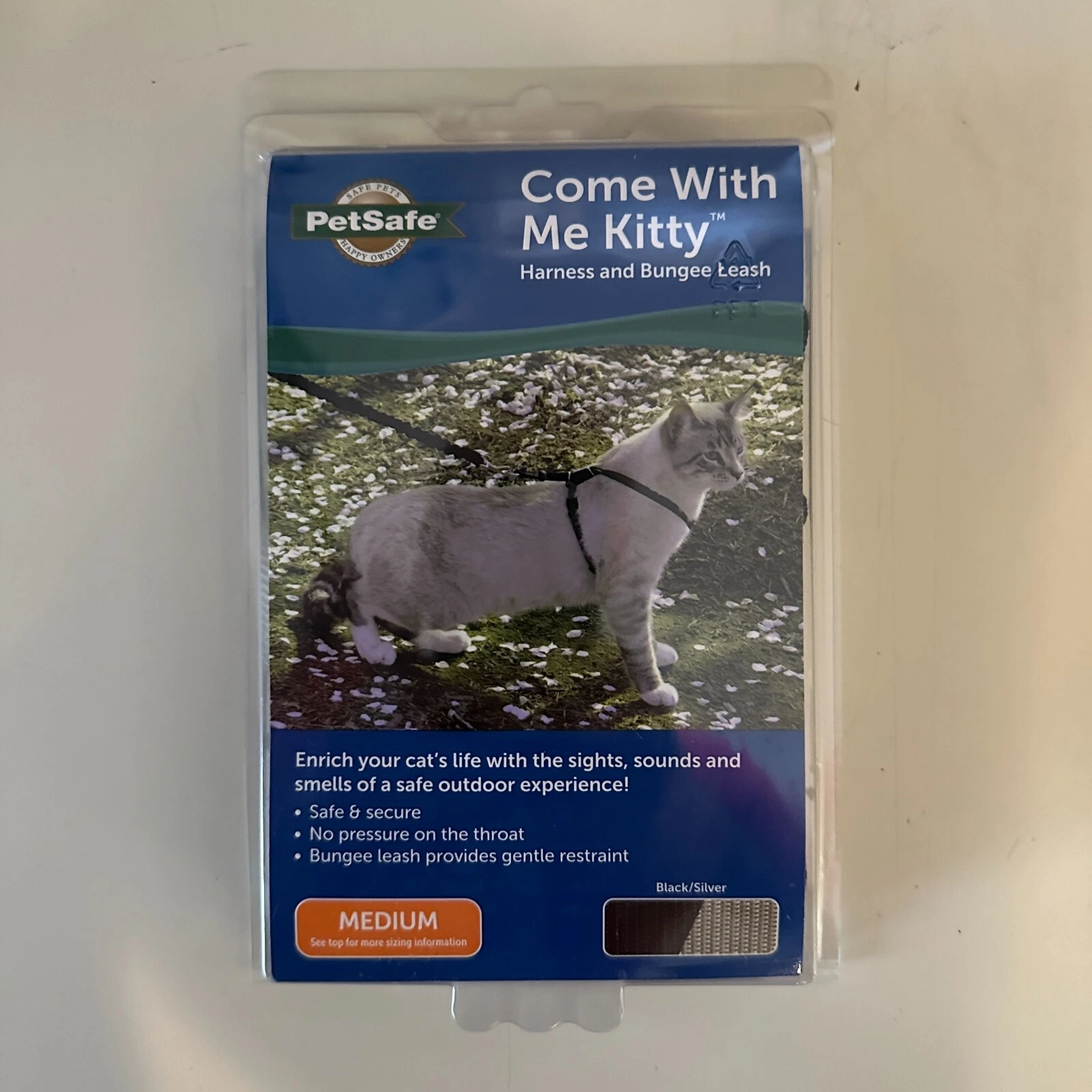 Come With Me Kitty Cat Harness & Bungee Leash Black Silver Medium