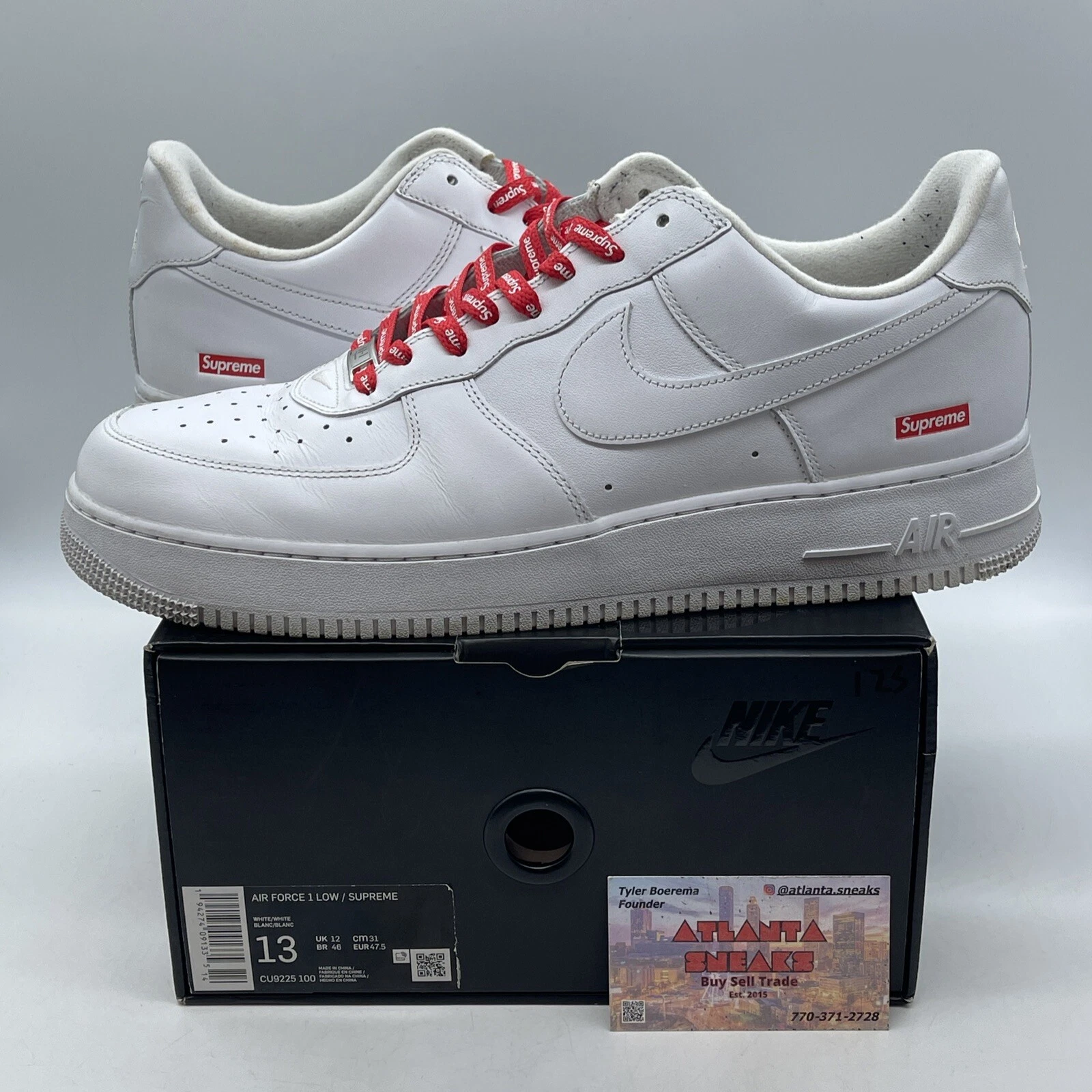Taille 13   Logo Nike Air Force 1 x Supreme Low Box   Cuir blanc (CU9225 100)