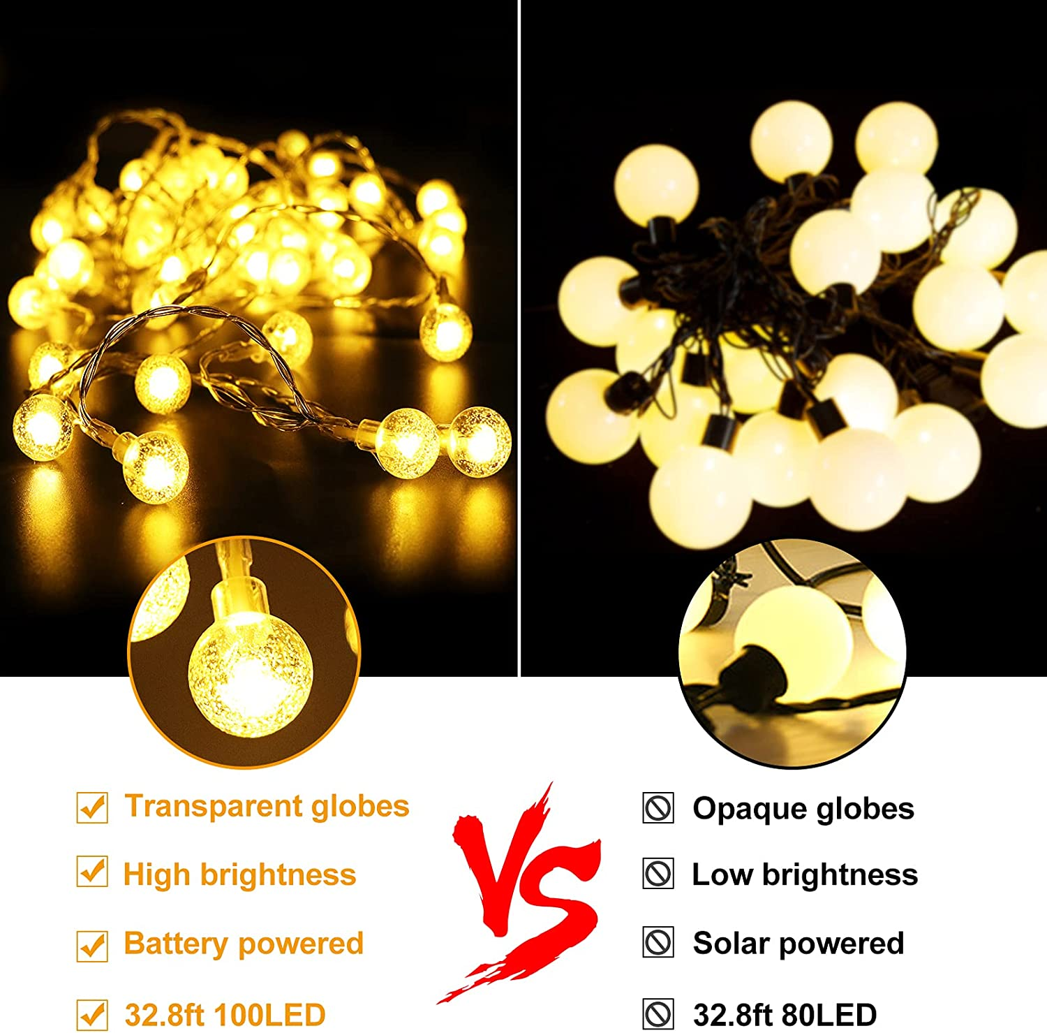 Globe String Lights Fairy Lights Battery Operated,10M/33Ft 100Leds