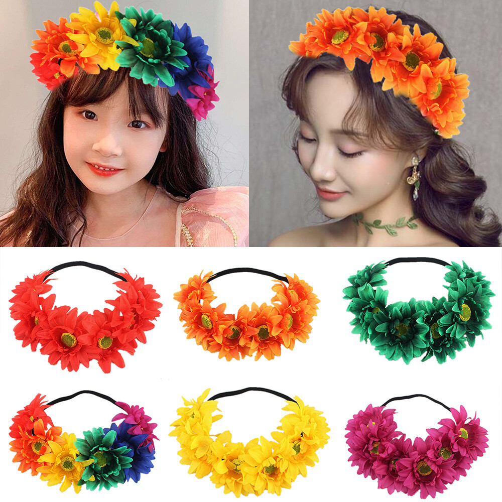 Boho Sunflower Elastic Floral Wreath Hairband for Festivals and Events