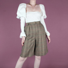 VINTAGE 90s Wool Beige Check Geek Pattern Womens High Waist Shorts Small 10