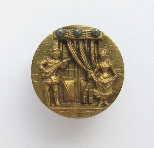 SCARAMOUCHE AND COLUMBINE Antique Brass Picture Button with Cut Steels 3/4"