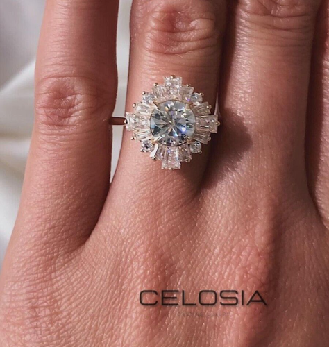 2.50 ct Round & Baguette Cut Moissanite Art Deco Floral Ring 10K Solid Rose Gold - Picture 3 of 12