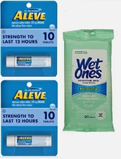2 x Aleve Fast Relief 220mg Travel Size + 20 Pack FREE Wet Ones Sensitive Skin