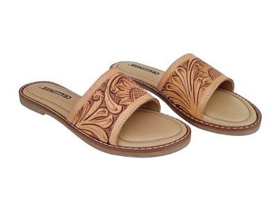 Shoes Women's Western Sunflower Hand-Tooled Genuine Leather Slide Sandals