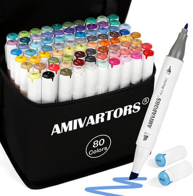 80 Colors Alcohol Markers Dual Tip Set, Chisel & Fine, 2.8G High Ink Capacity, E