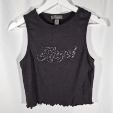 Primark Cropped Vest Women's Size 14-16 Black Angel Embellished Word Lettuce Hem