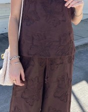 Zara Brown Floral Embroidered Wide Leg Flowy Cotton Pants Size Medium Boho