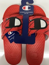 CHAMPION Super Slide Script Lettering Scarlet/Black Sandals Sz 12 FAST FREE SHIP