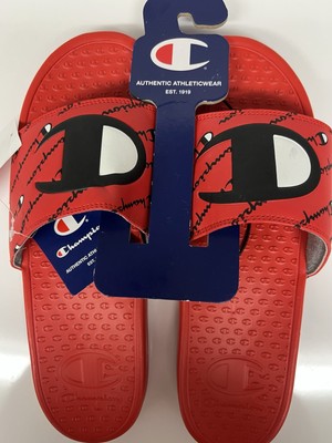 CHAMPION Super Slide Script Lettering Scarlet/Black Sandals Sz 12 FAST FREE SHIP