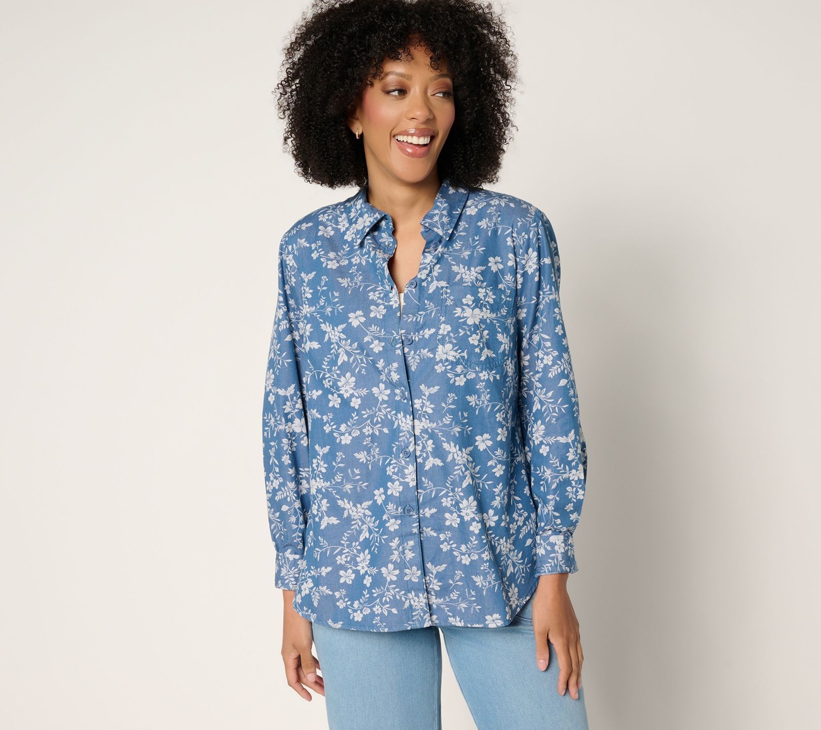 Joan Rivers Classics Collection Women's Top Sz M Cotton Chambray Blue A688997