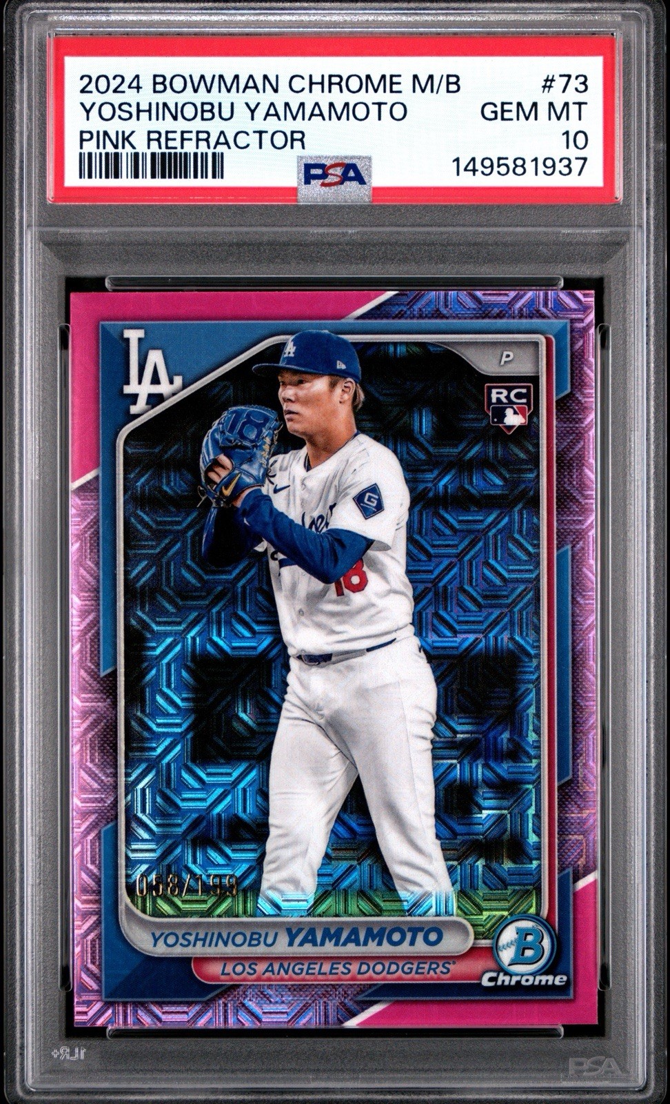 2024 Bowman Chrome Yoshinobu Yamamoto #73 Mega Box Pink Refractor /199 RC PSA 10
