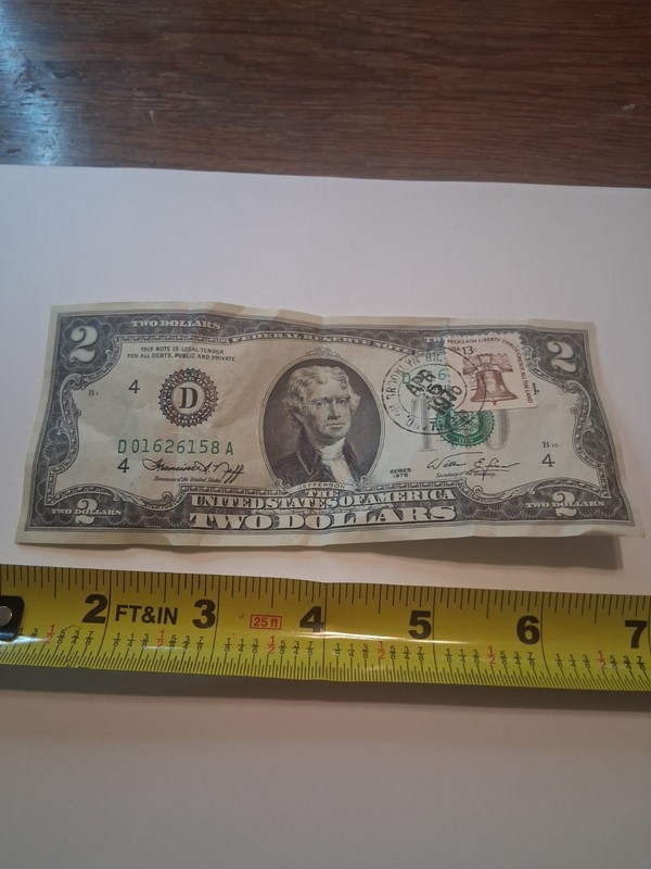 1976 Two Dollar Note with Cleveland Ohio cancelled 13c Liberty Bell Stamp !!